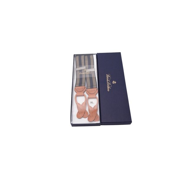 NIP Brooks Brothers Suspenders Sz XL Olive Green Black Striped Leather Tab